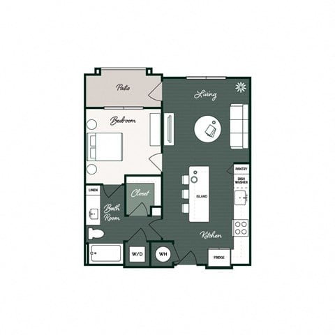 Floor plan for 1 bed, 1 bath, 659 sqft